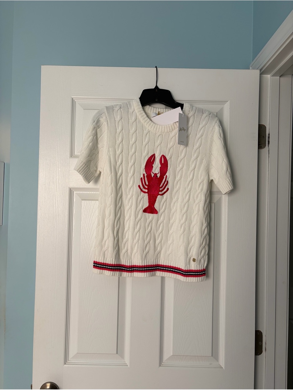 Lilly Pulitzer White Cable-Knit Short-Sleeve Sweater with Red Lobster